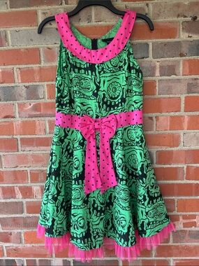 Sourpuss Green Skull Print Dress with Pink Polka Dot Accents